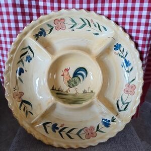 Rooster by Home Chip and Dip Platter Ceramic Relish Tray Hand Painted 16 1/2"